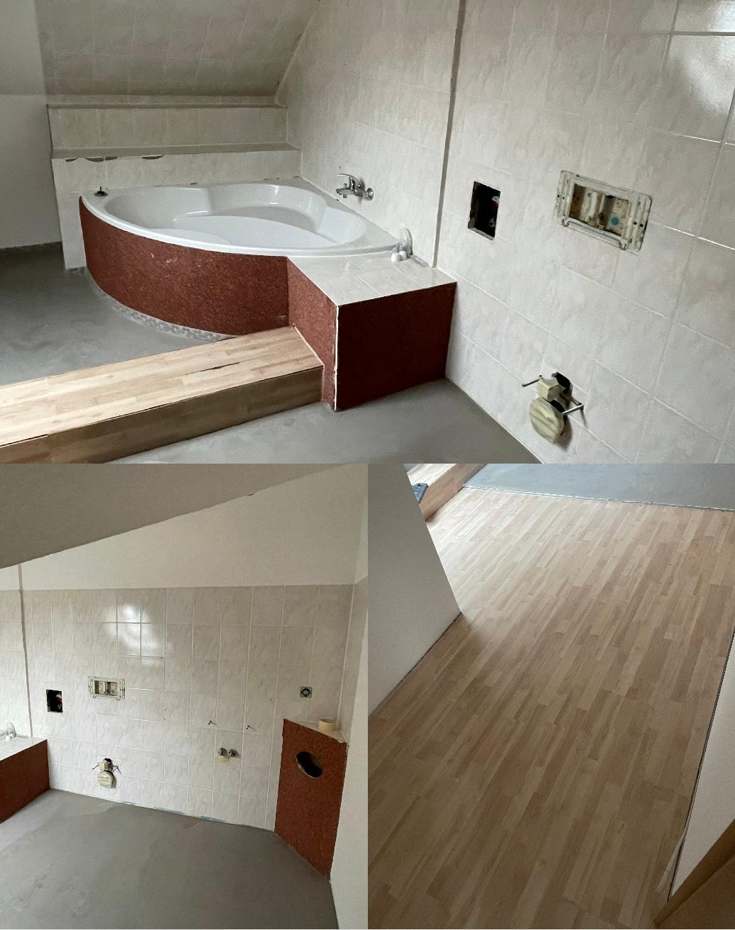 Dachbad mit älteren Fliesen, Eckbadewanne und vorbereiteten Anschlüssen vor der Modernisierung